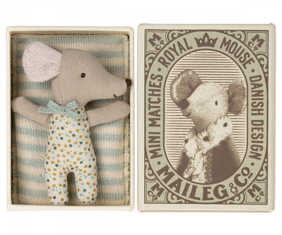 Maileg Sleepy Wakey Baby Mouse in Matchbox - Blue