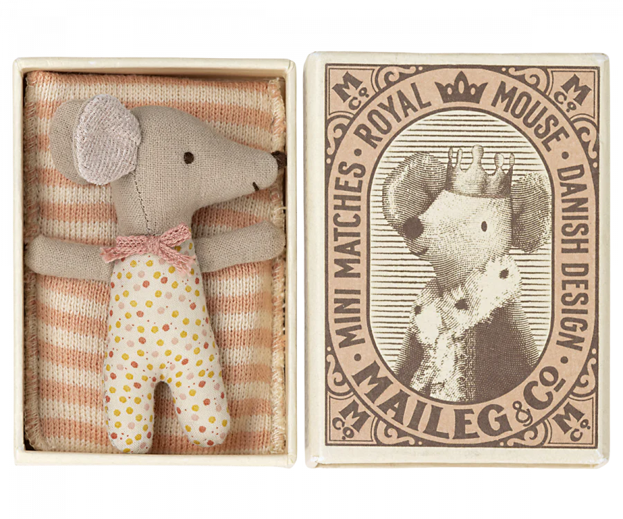 Maileg Sleepy Wakey Baby Mouse in Matchbox - Rose