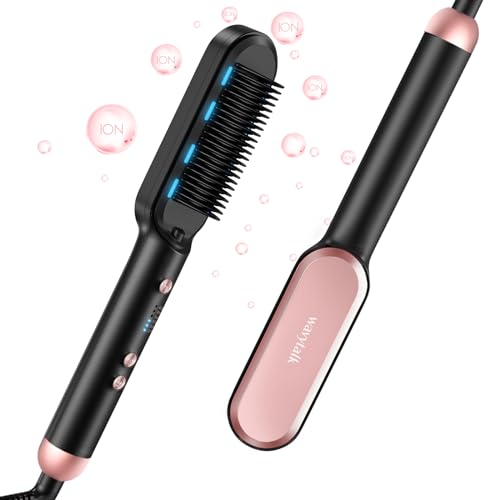 Wavytalk Ionic Hair Straightener Brush, Hair Straightening Brush Flat Iron for Women, Anti-Scald Ceramic Straightening Comb Fast Heating for Home Salon, Rose Gold.