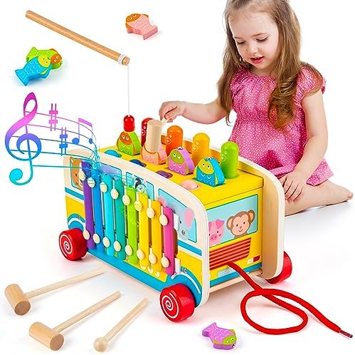Sundaymot Wooden Montessori Toys for 1 Year Old, Hammering Pounding Toys, with Whack a mole Fishing Game Xylophone Preschool Learning Educational Toys, for 1 2 3 Year Toddler Christmas Birthday Gift
