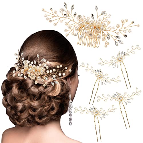 5 Pieces Wedding Hair Accessories for Brides, Pearl Crystal Rhinestone Hair Comb Hair Pins Bridal Hair Accessories, Gold Hair Accessories for Brides Bridesmaids Women Girls (Gold)