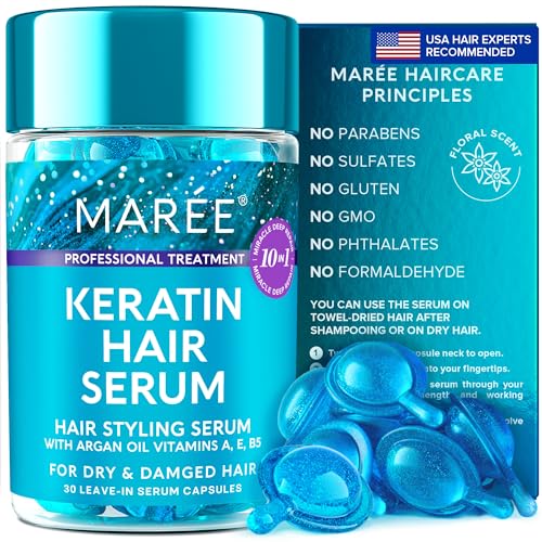 MAREE Hair Styling Serum for Frizzy & Dry Hair - Keratin Styling & Moisturizing Capsules with Avocado, Jojoba & Argan Oil - Leave-in Anti Frizz Conditioner with Vitamins A, C, E & B5-30 Capsules