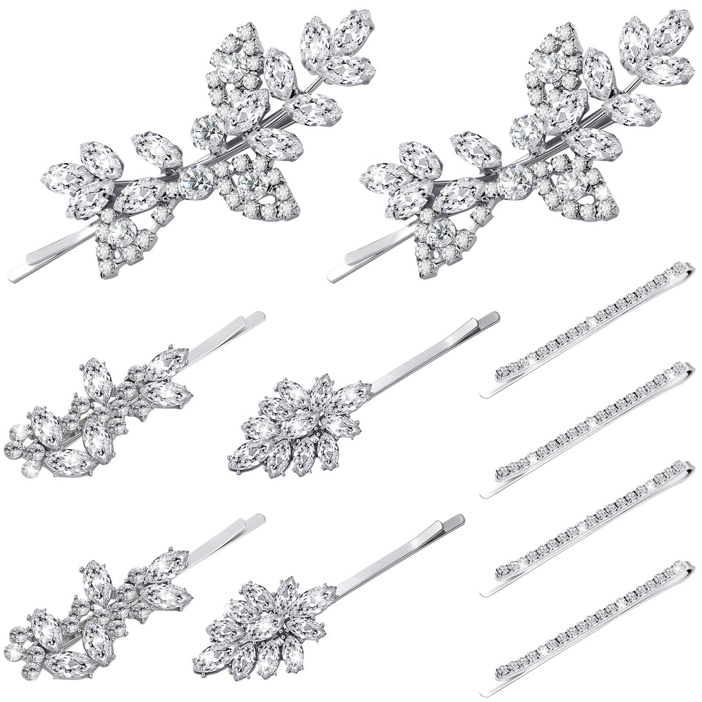 10 Pieces Rhinestone Wedding Hair Clips Bridal Hair Pins Crystal Bobby Pins Silver Hairpin Barrette Leaf Flower Wedding Elegant Hair Accessories for Bride Women and Girls(Rhinestone style)