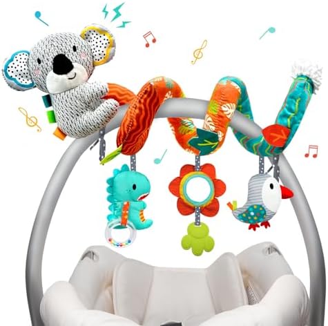 XIXILAND Car Seat Toys Baby Toys 0-3 Months, Stroller Toys Infant Toys 0-6 Months Newborn Toys 0 3 Months Brain Development, Carseat Toys for Infants 0-12 Months with Dinosaur, Lion Mirror, Teether