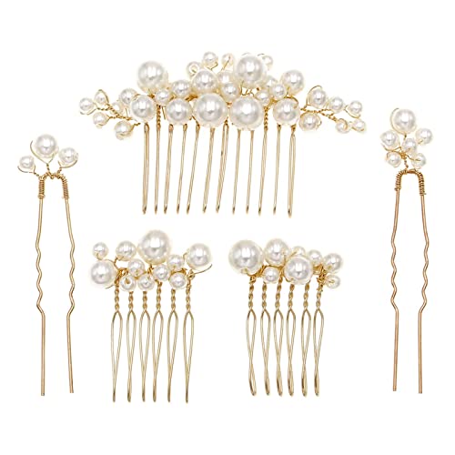 Sppry Wedding Pearl Hair Combs Set of 5 PCS - Elegant Hair Accessories for Bridal Women (Gold)