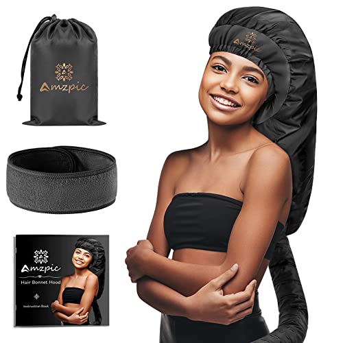 Bonnet Hair Dryer Attachment - Bonnet Hood Dryer with Headband that Reduces Heat Around Ears and Neck, Use for Hair Styling, Hair Drying, Curling and Deep Conditioning (Extended Version, Black)