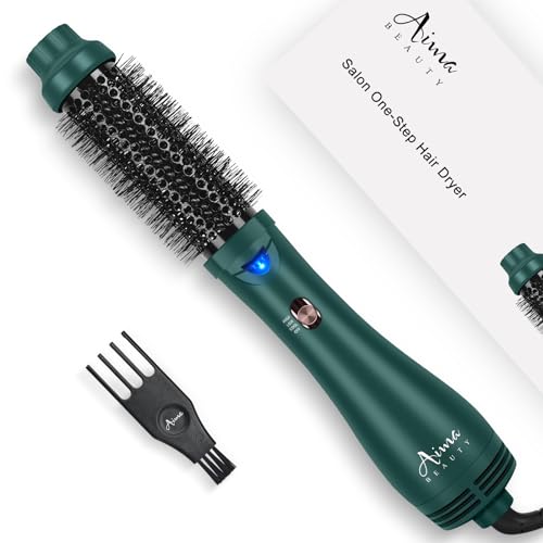 One Step Hair Dryer & Volumizing Hot Air Brush, Aima Beauty Hair Blow Dryer Brush, Ceramic Straightener Brush, Curler & Hot Comb 4 in 1 Salon Ionic Hair Brush, Dark Green