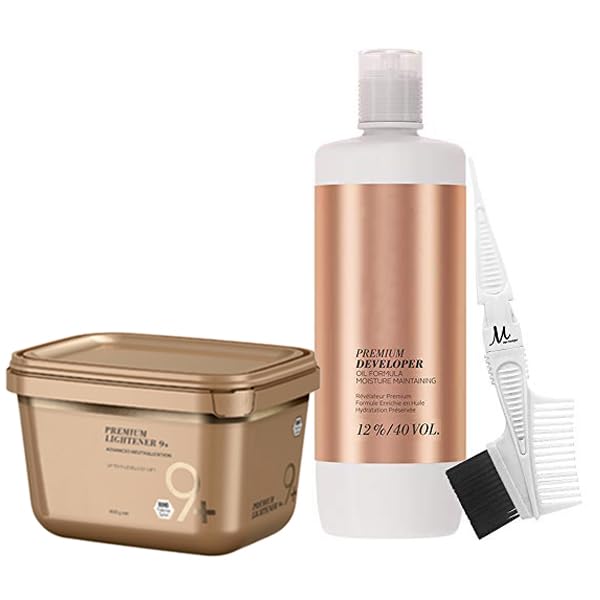 BlondeMe 12% / 40 Vol Developer 1 Liter, BlondeMe Lightener 9+ Bond Enforcing Premium Dust Free Bleach 450 grams, M Hair Designs Tint Brush/Comb (Bundle 3 items)
