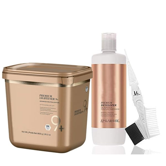 BlondeMe 12% /40 Vol Developer 1 Liter, BlondeMe Lightener 9+ Bond Enforcing Premium Dust Free Bleach XXL 800 grams, M Hair Designs Tint Brush/Comb (Bundle 3 items)