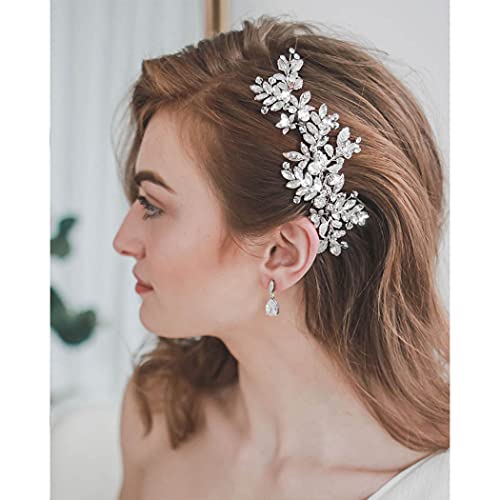 Evild Rhinestone Wedding Hair Comb Leaf Bead Headpieces Clip Crystal Bridal Headdress Flower Accessories for Brides and Bridesmaids (Silver)