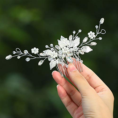 Gorais Leaf Bride Wedding Hair Comb Pearl Bridal Hair Piece Crystal Side Comb Hair Accessories for Women and Girls (A-Silver)