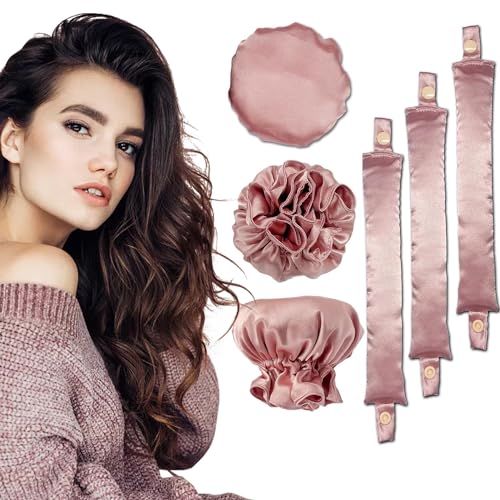 6PCS Heatless Hair Curler, New Satin Hair Rollers for Heatless Curls with Hair Caps 3 Set,Soft Heatless Curling Rod Headband for All Hair Types,No Heat Curling to Sleep in Overnight (Pink)