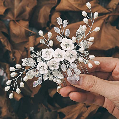 Unicra Flower Bride Wedding Hair Comb Leaf Silver Bridal Headpiece Pearl Hair Accessories Crystal Hair Piece Jewelry for Women and Girls (A Silver)