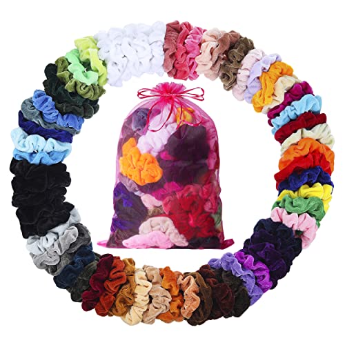 ADRIONE Velvet Hair Scrunchies - 60 Pack for Women, Girls, and Kids - Bulk Scrunchie Hair Ties for Thick, Curly Hair