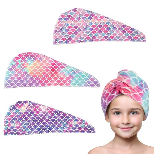 MADHOLLY Microfiber Hair Towel for Kids- Soft Super Absorbent Rapid Drying Hair Towel Wrap Turban for Girls Women with Button- Anti-Frizz for Thicker Curly Long Hair, 3Pack, Mermaid