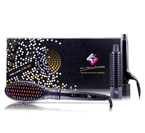Royale USA Deluxe 3-in-1 Heated Styling Tool with Ceramic Tourmaline Straightening Brush, 25mm Comb, & 25mm Cool Tip Curler (Black)