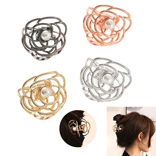 KISSKIKO Mini Rose Flower Hair Claw Clips for Women 2 Inch Cute Pearl Small Hair Clip | 4 Pcs Metal Nonslip Headdress Gold Silver Women and Girls Fine Hair Fancy Horsetail Clip