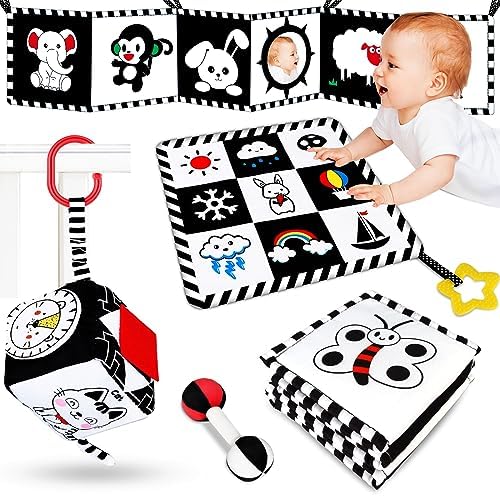 4 Pcs Baby Toys 0-3 Months Black and White High Contrast Newborn Toys - Tummy Time Toys Montessori Toys for Babies 0 3 6 9 Months - Infant Sensory Soft Book Toys for Babies Girls Boys Baby Gifts