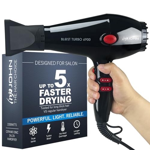 JOHN Professional Ionic Salon Hair Dryer 2200W, Powerful Hair Blow Dryer, 5X Fast Drying, Blast Turbo 6900, Black