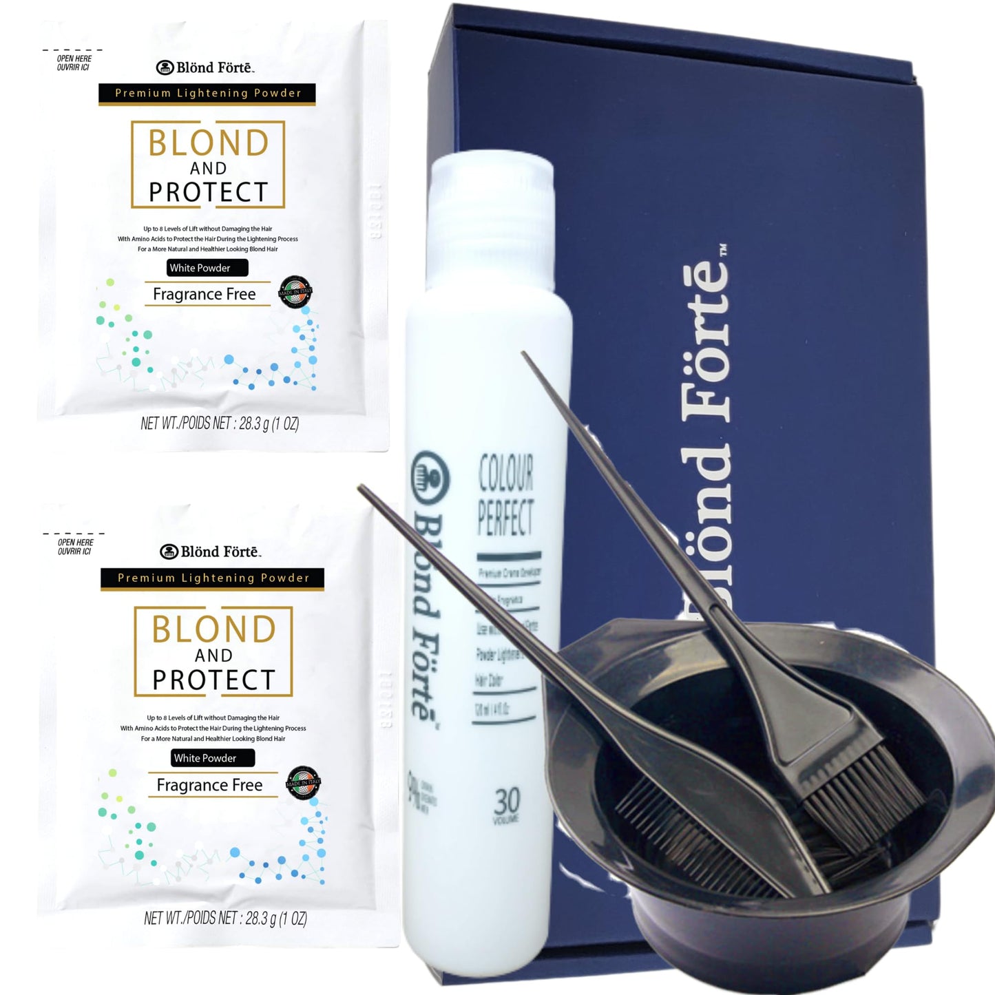 Blond Forte Blond And Protect DIY Hair Lightening Kit 8+ Level Hair Bleach Lightening Kit Combo - 20 Vol Developer & 3 PCS Set (Blue powder)