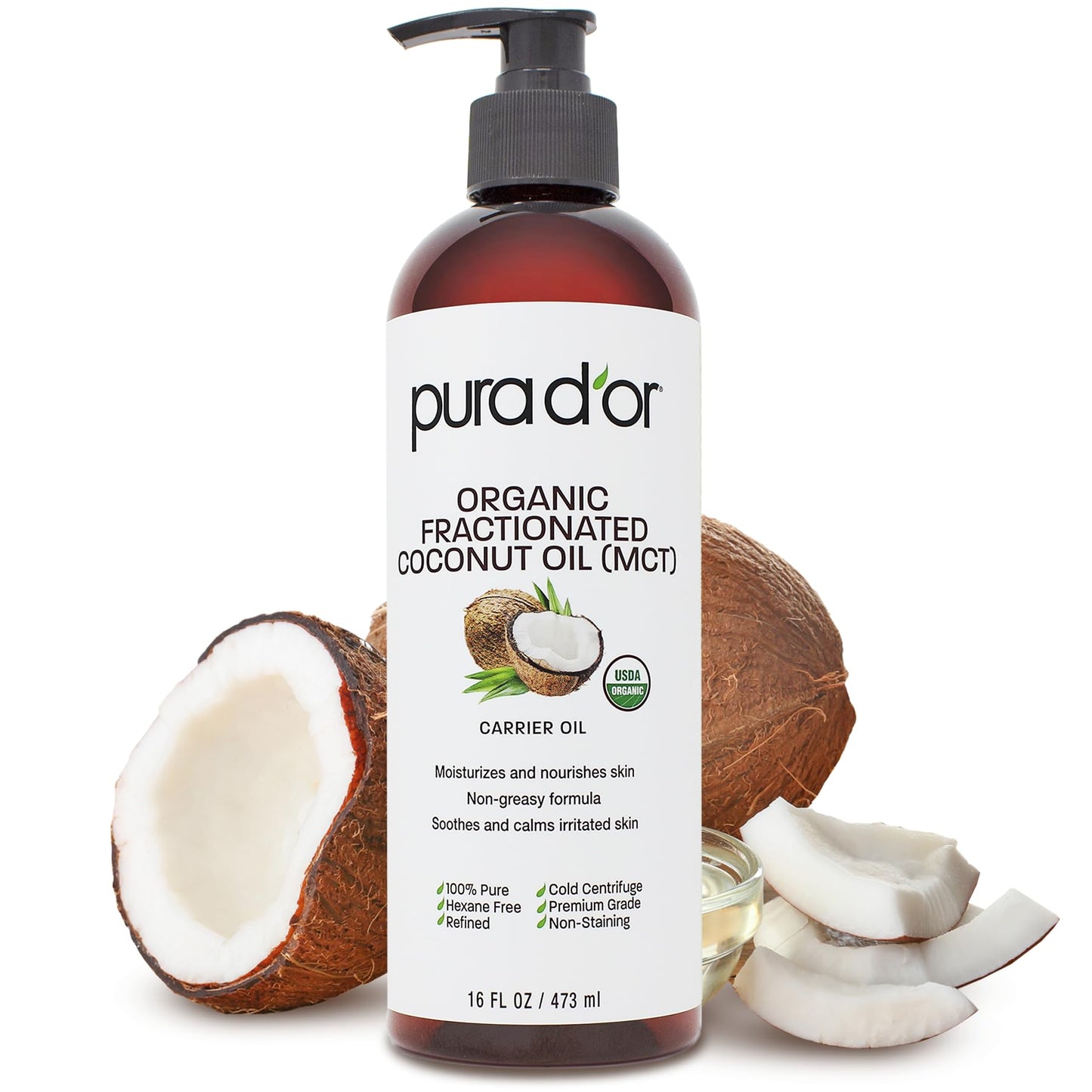 PURA D'OR 16 Oz ORGANIC Fractionated Coconut Oil - MCT Oil- 100% Pure & Natural USDA Certified Cold Pressed Carrier Oil - Unscented, Hexane Free Liquid Moisturizer - Face Skin & Hair - Men & Women