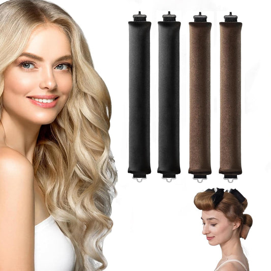 Heatless Hair Curler,Overnight Heatless Curls Blowout Rods Headband for All Hair Types,Flexi Rods with Hook,No Heat Curls to Sleep for Curl Rods,Women Long Hair Styling Tools (4PC,Brown,Black)