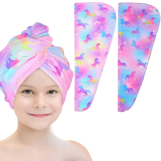 Basumee Microfiber Hair Towel Wrap for Kids 2 Pack Rapid Drying Hair Towel with Button Hair Turbans for Wet Hair Wraps Head Towel Wrap for Women and Girls, Unicorn