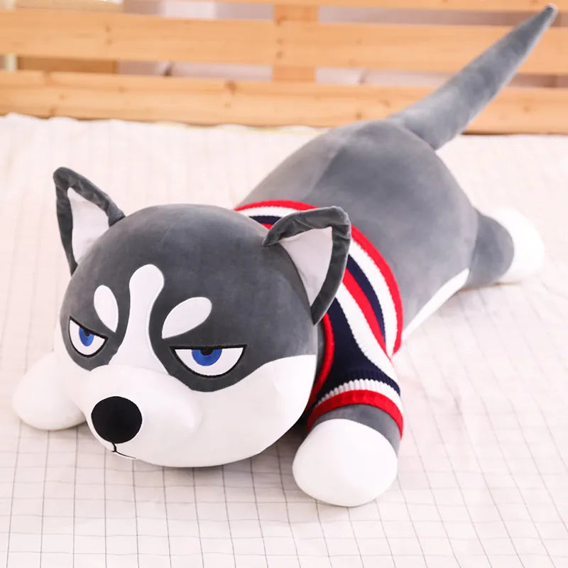 Funny Dressed Husky Pillow 80/100cm Stuffed Doll Stripe Sweater Soft Husky Lying Plush Toy Cute Dog Animals Kids Birthday Gift ShopOnlyDeal