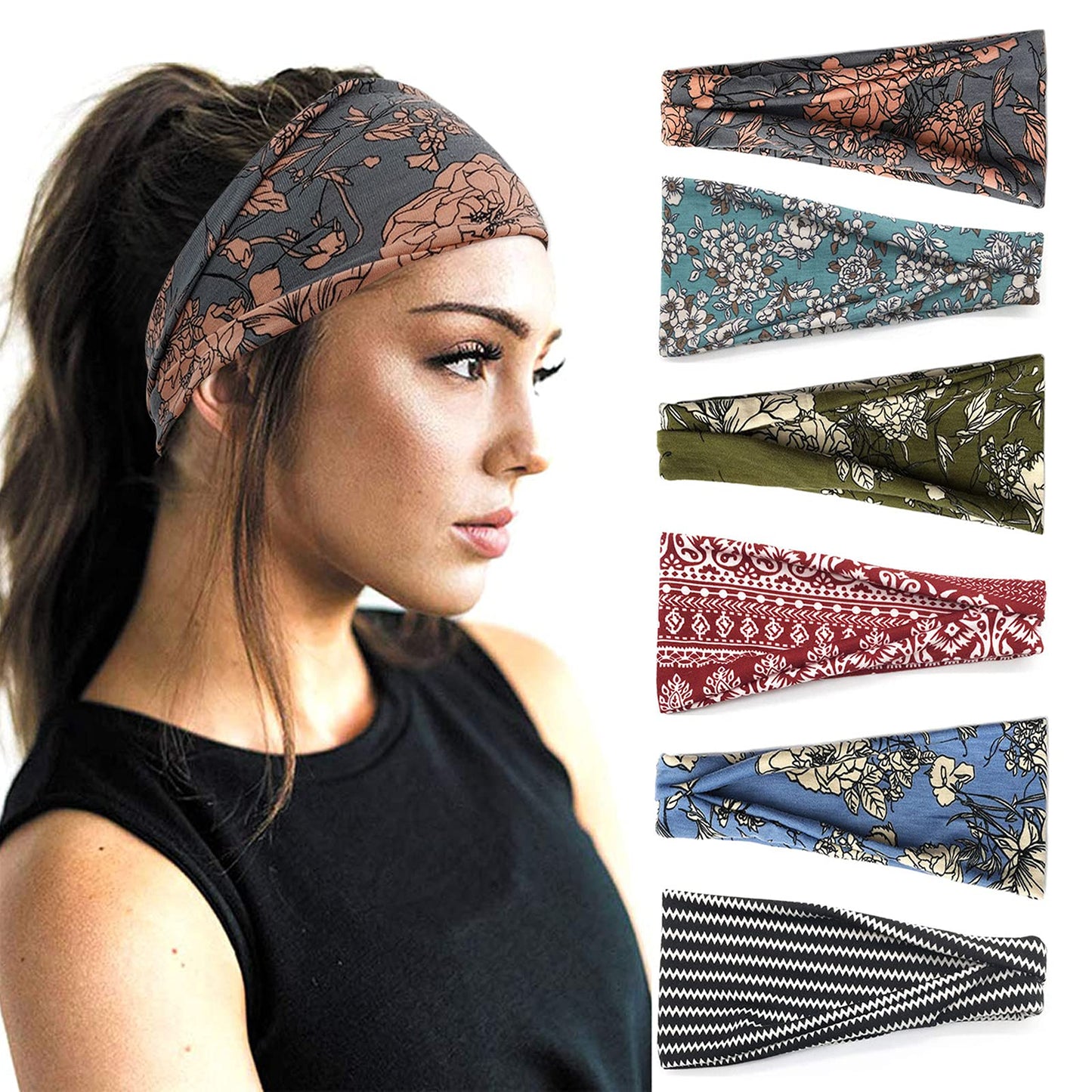 YONUF Boho Headbands For Women Fashion Wide Headband Yoga Workout Head Bands Hair Accessories Band 6 Pack