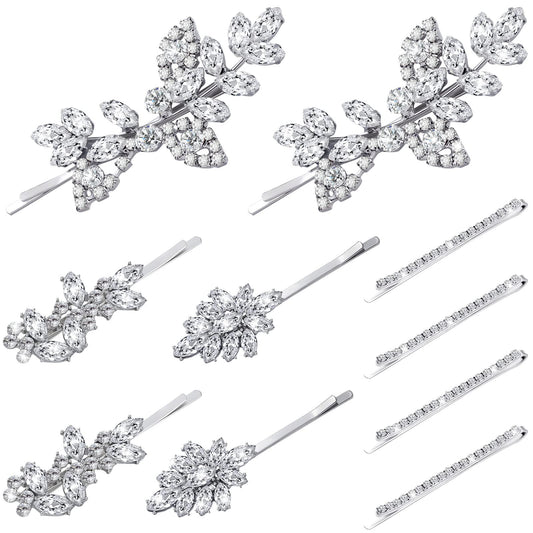 10 Pieces Rhinestone Wedding Hair Clips Bridal Hair Pins Crystal Bobby Pins Silver Hairpin Barrette Leaf Flower Wedding Elegant Hair Accessories for Bride Women and Girls(Rhinestone style)