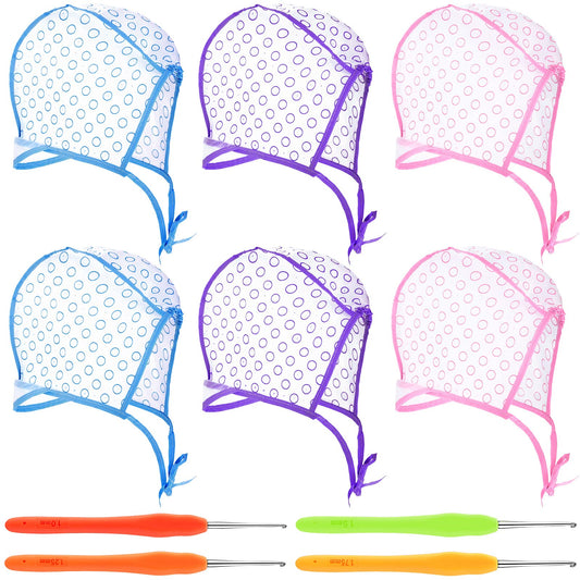 6 Pieces Hair Cap Salon Hair Coloring Dye Cap Tipping Cap Frosting Caps with 4 Pieces Hair Needles Crochet Hooks for Dyeing Hair Hairdressing Tool (Purple/Blue/Pink)