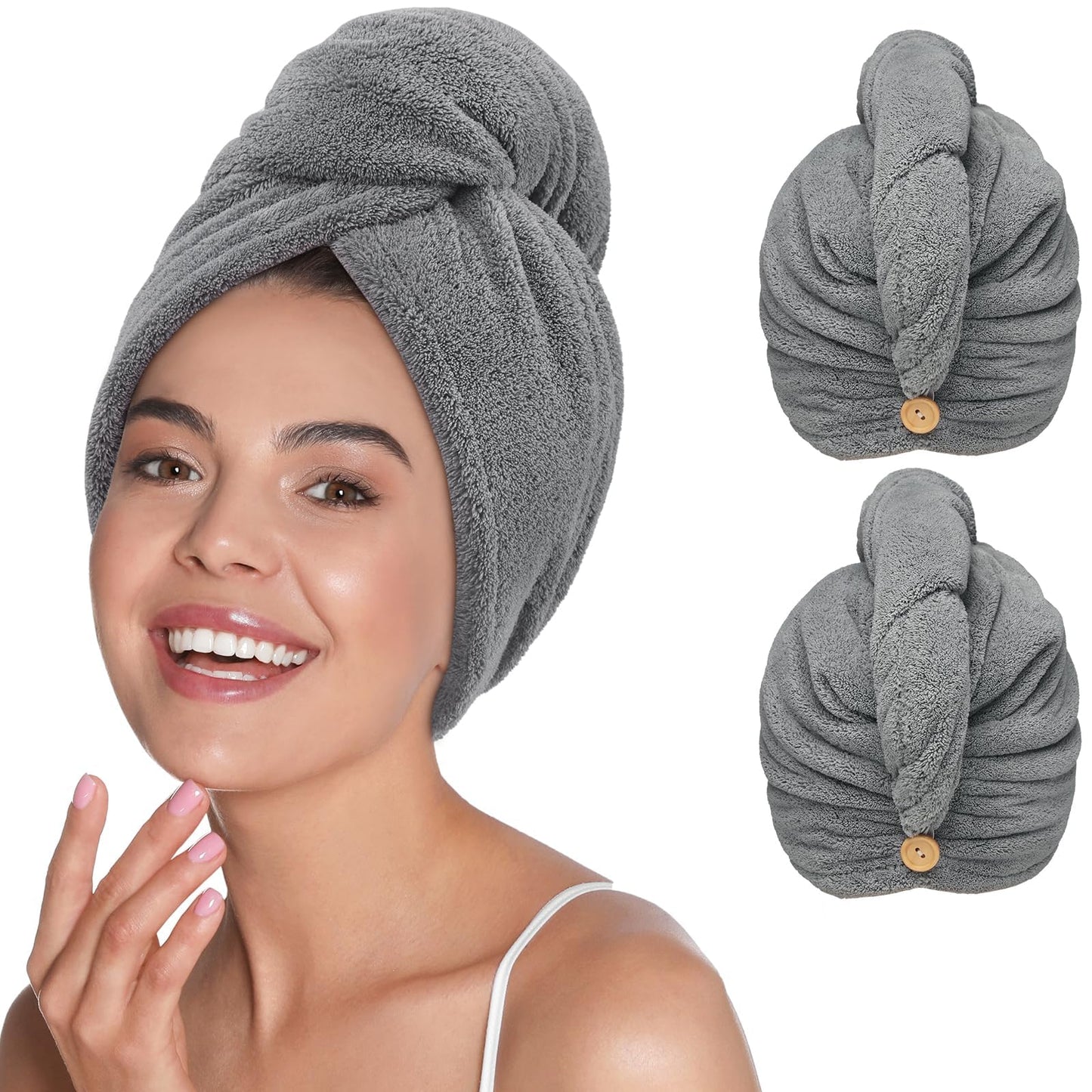 YFONG Microfiber Hair Towel Wrap for Women Curly Long Hair, 2 Pack Super Absorbent Hair Plopping Towel Curly for Wet Hair, Super Soft Hair Drying Towel Wrap with Button Gray