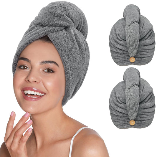 YFONG Microfiber Hair Towel Wrap for Women Curly Long Hair, 2 Pack Super Absorbent Hair Plopping Towel Curly for Wet Hair, Super Soft Hair Drying Towel Wrap with Button Gray