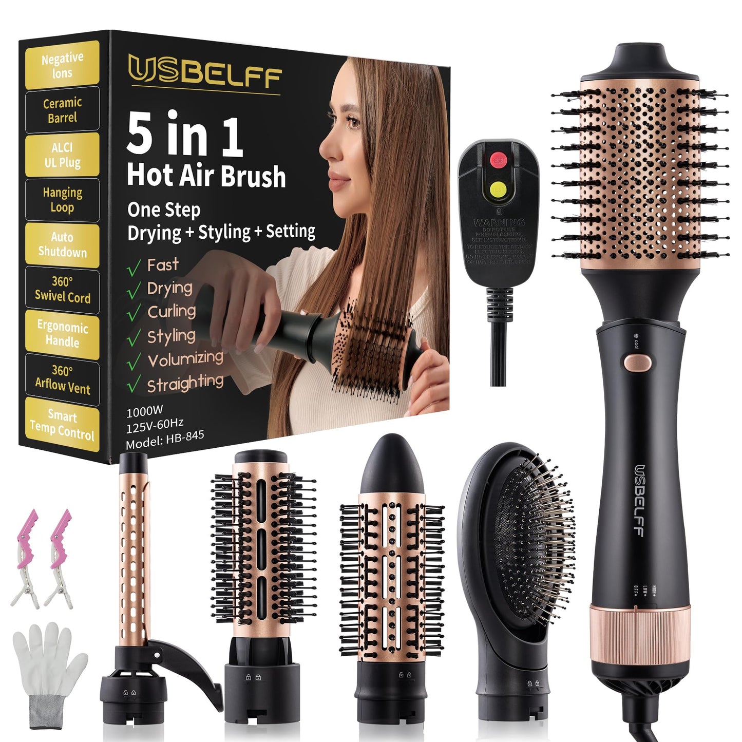Hot Air Hair Dryer Brush - 5-in-1 Set for One-Step Blow Drying, Volumizing, Styling and Slightly Waving Hairs