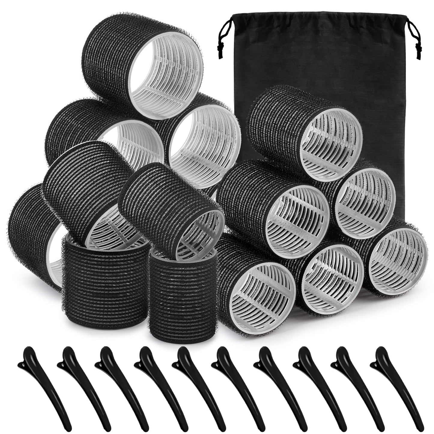 Self grip hair roller set 16 pcs,Heatless hair curlers,Hair rollers with hair roller clips and comb,Salon hairdressing curlers,DIY Hair Styles, Sungenol 2 Sizes Black Hair Rollers in 1 set