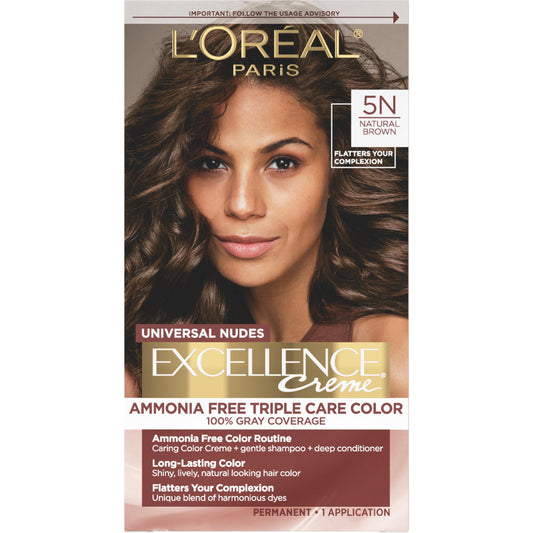 L’Oréal Paris Excellence Universal Nudes Permanent Hair Color, Ammonia Free Hair Dye for Gray Hair Coverage, 5N Natural Brown, 1 Hair Dye Kit