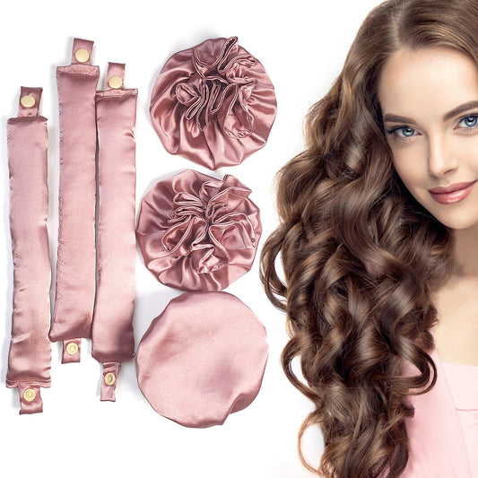 BLINKEEN Satin Heatless Hair Curler 3Sets/6PCS, Pillow Soft Rollers with Hair Caps, Soft Heatless Curling Rod Headband for All Hair Types, No Heat Curlers to Sleep In (3Sets-Pink)