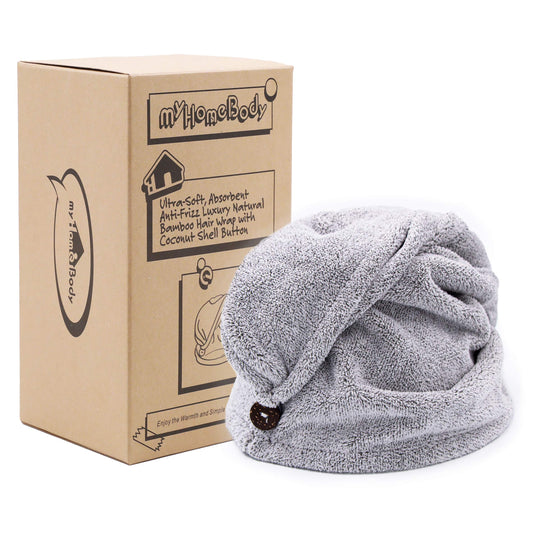 myHomeBody Hair Towel Wrap | Luxury Rapid-Dry Hair-Drying Turban | Ultra Soft and Quick Drying Absorbent Charcoal Fiber, with Coconut Shell Button - Gray