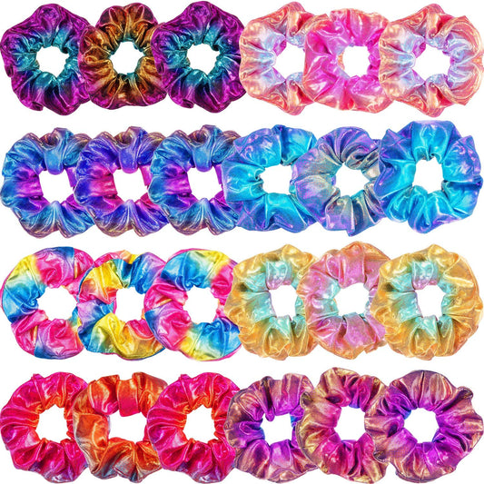 Tatuo 24 Pieces Shiny Metallic Scrunchies Rainbow Hair Scrunchies Sparkle Elastic Hair Bands Scrunchy Colorful Hair Ties Ropes for Women Girls Gymnastics Birthday Party Favors, Large