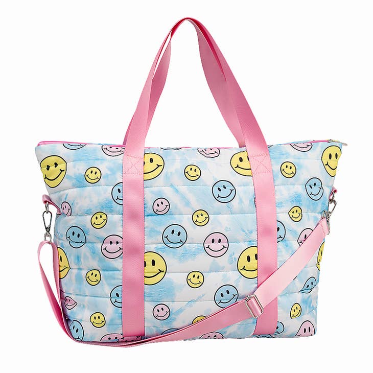 Top Trenz Inc. - Puffer Tote Bag - Happy Face Blue Tie Dye